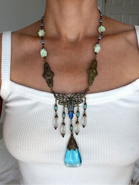 Large Vintage Art Nouveau Czech Blue Glass & Brass Butterfly Necklace